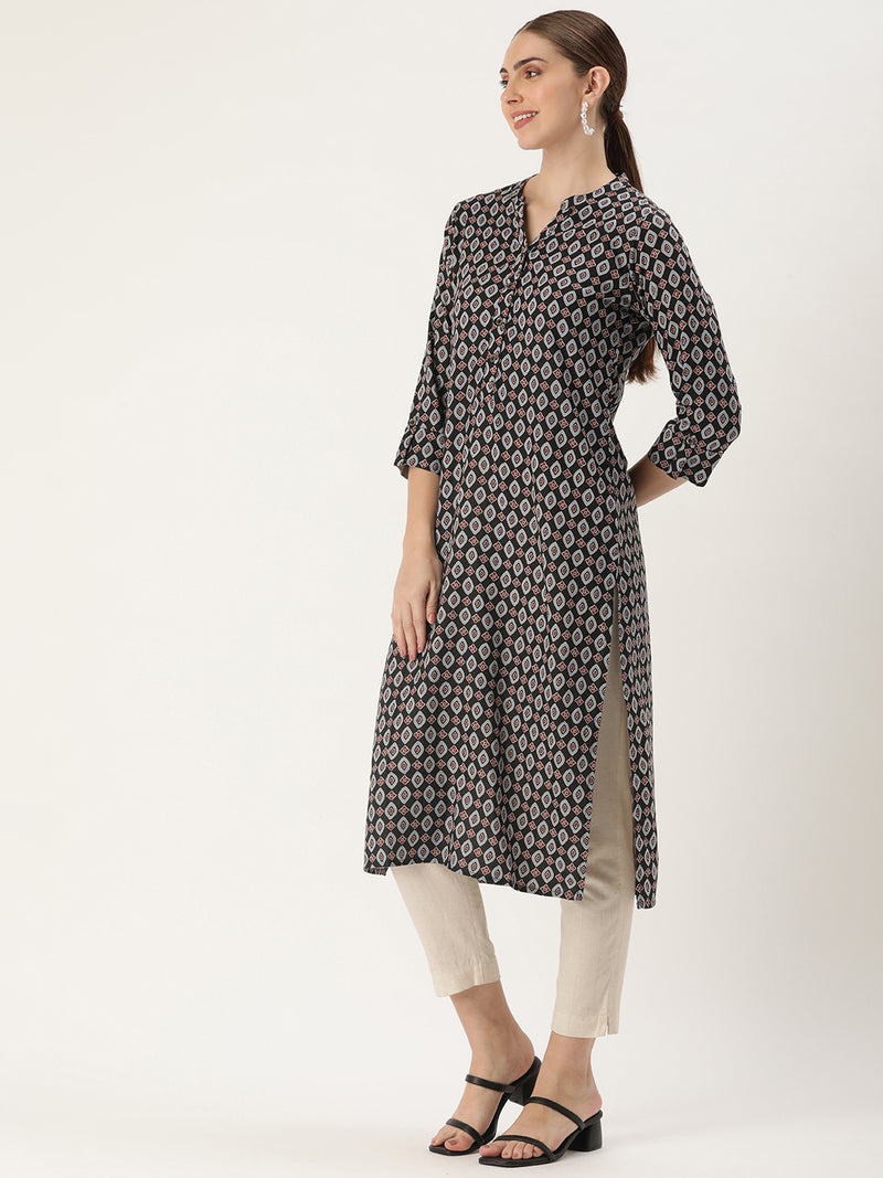 Black Abstract Printed Straight Cut Kurta