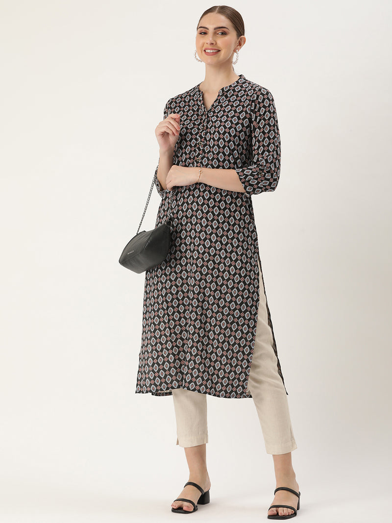 Black Abstract Printed Straight Cut Kurta