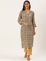 Beige & Multicolored Ethnic Motifs Printed Mandarin Collar Kurta