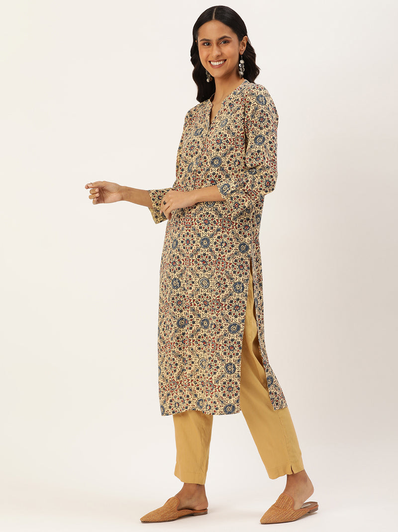 Beige & Multicolored Ethnic Motifs Printed Mandarin Collar Kurta