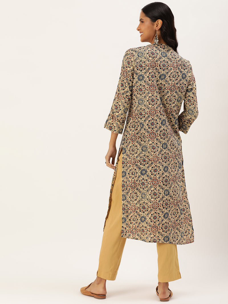 Beige & Multicolored Ethnic Motifs Printed Mandarin Collar Kurta