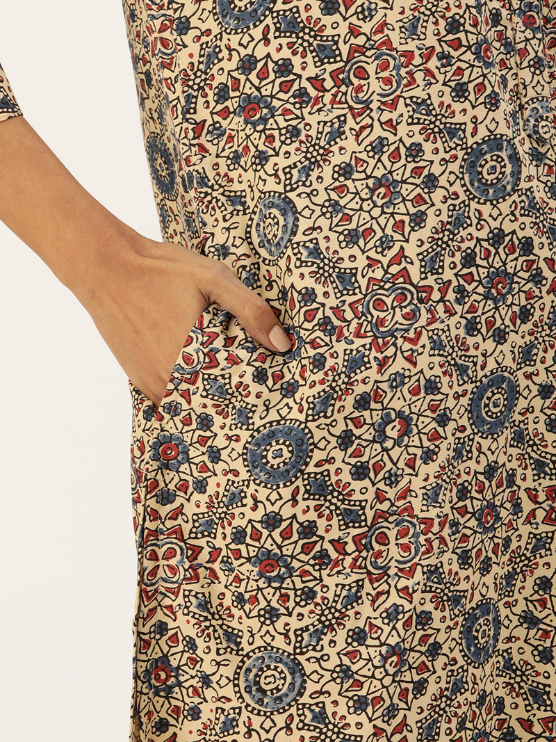 Beige & Multicolored Ethnic Motifs Printed Mandarin Collar Kurta