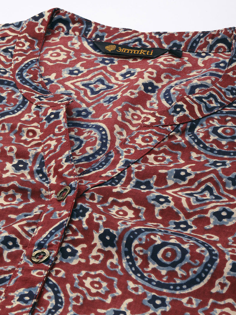 Red Ethnic Motifs Printed Mandarin Collar Kurta