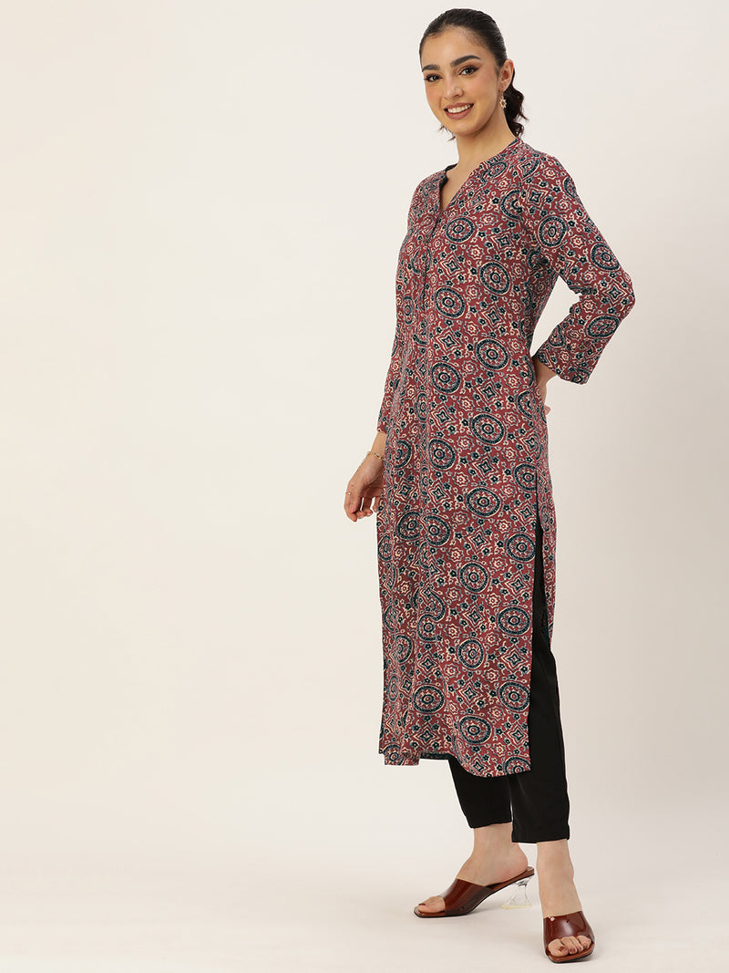 Red Ethnic Motifs Printed Mandarin Collar Kurta