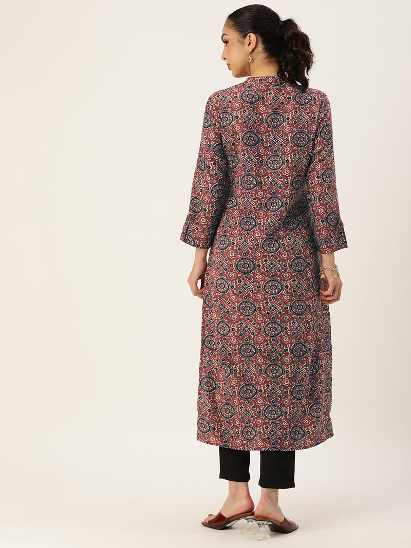 Red Ethnic Motifs Printed Mandarin Collar Kurta
