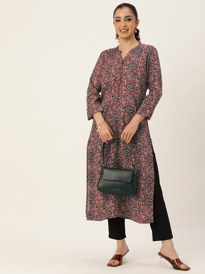 Red Ethnic Motifs Printed Mandarin Collar Kurta