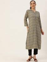 Grey & Green Ethnic Motifs Printed Mandarin Collar Kurta