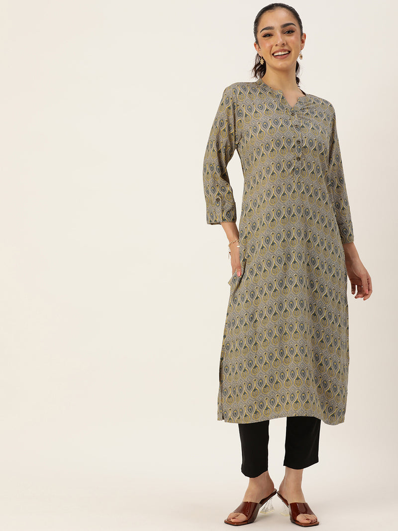Grey & Green Ethnic Motifs Printed Mandarin Collar Kurta