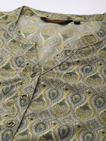 Grey & Green Ethnic Motifs Printed Mandarin Collar Kurta