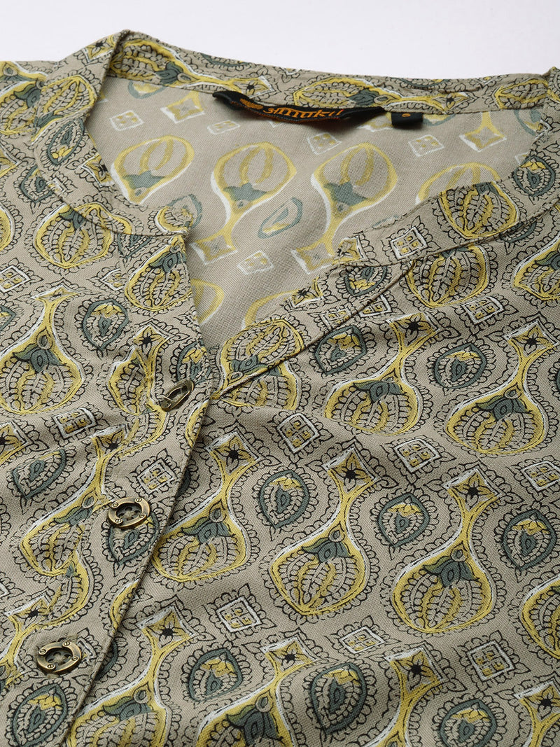 Grey & Green Ethnic Motifs Printed Mandarin Collar Kurta