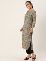 Grey & Green Ethnic Motifs Printed Mandarin Collar Kurta