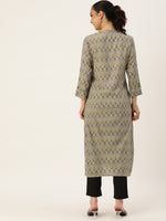 Grey & Green Ethnic Motifs Printed Mandarin Collar Kurta