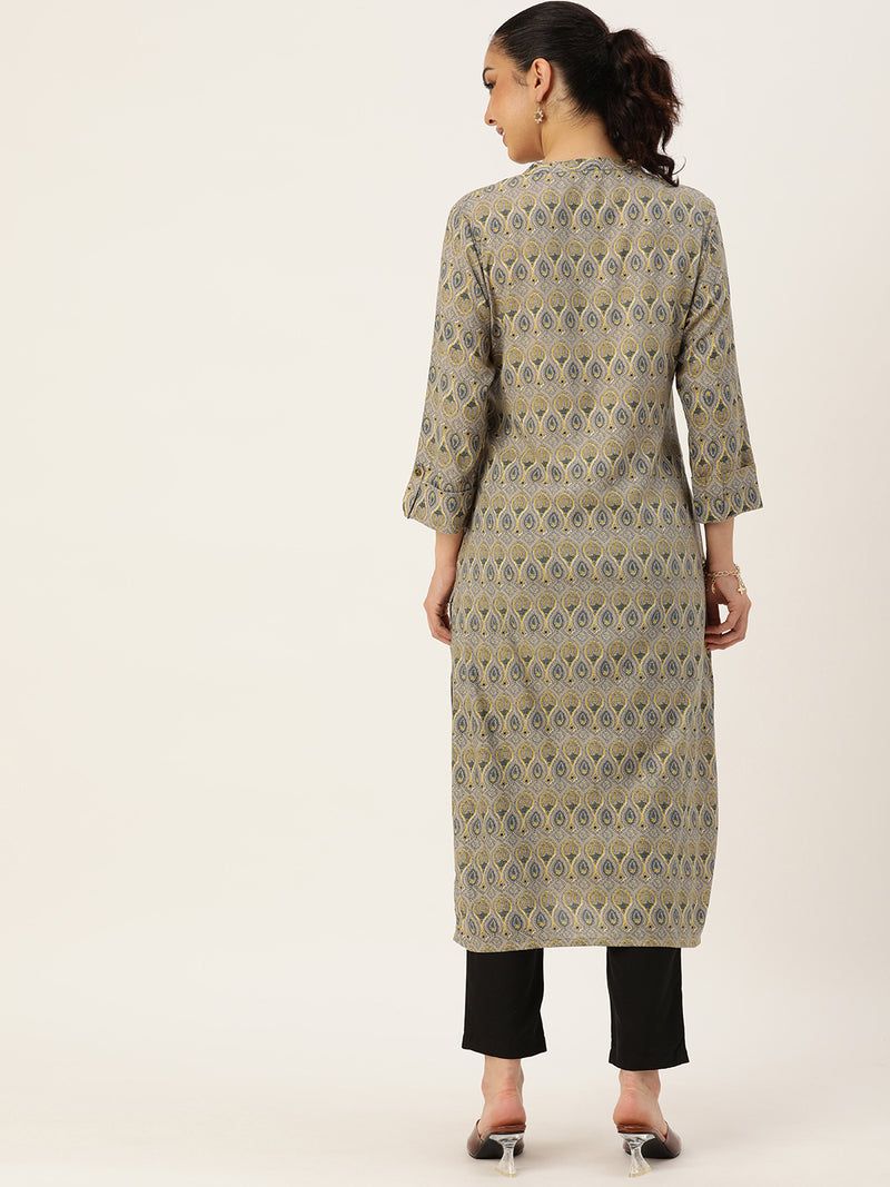 Grey & Green Ethnic Motifs Printed Mandarin Collar Kurta