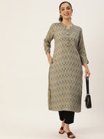 Grey & Green Ethnic Motifs Printed Mandarin Collar Kurta