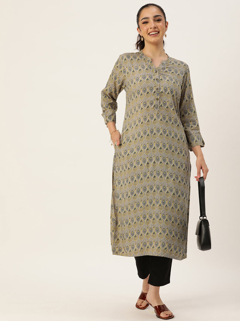 Grey & Green Ethnic Motifs Printed Mandarin Collar Kurta