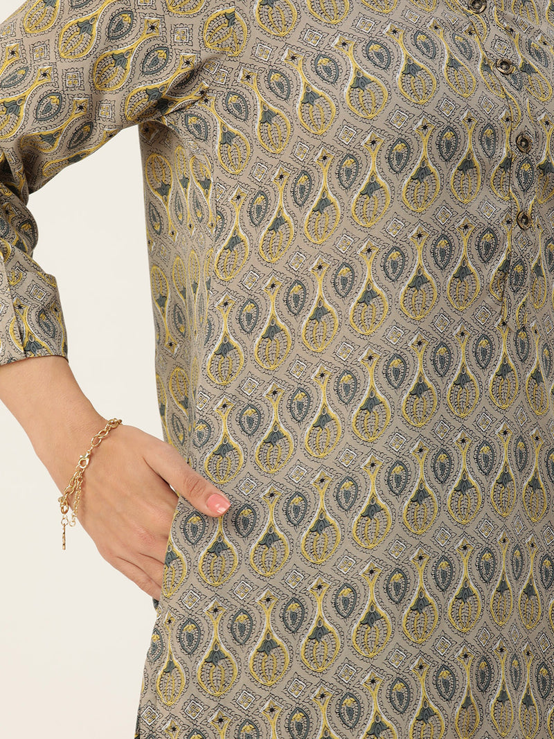 Grey & Green Ethnic Motifs Printed Mandarin Collar Kurta