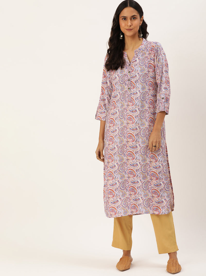 Paisley Printed Mandarin Collar Kurta