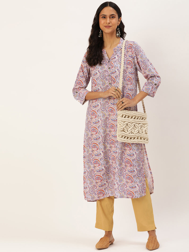 Paisley Printed Mandarin Collar Kurta