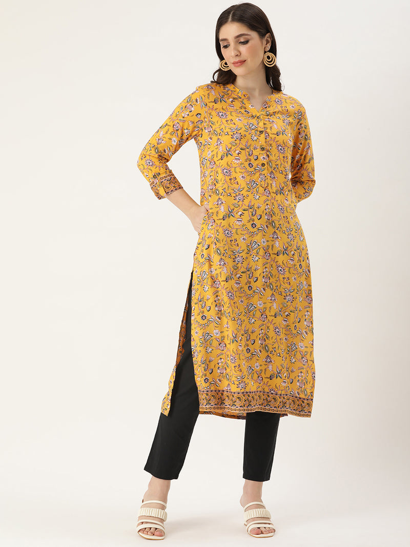 Yellow Floral Printed Straight Cut Kurta