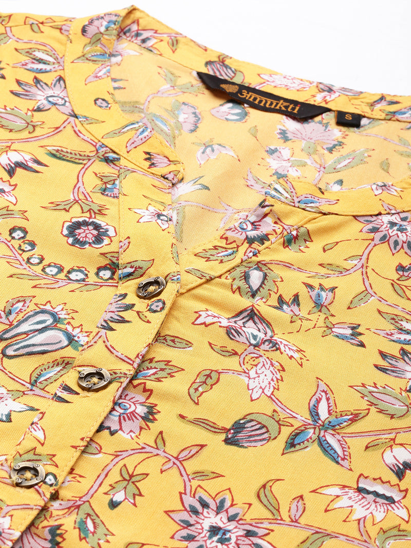 Yellow Floral Printed Straight Cut Kurta