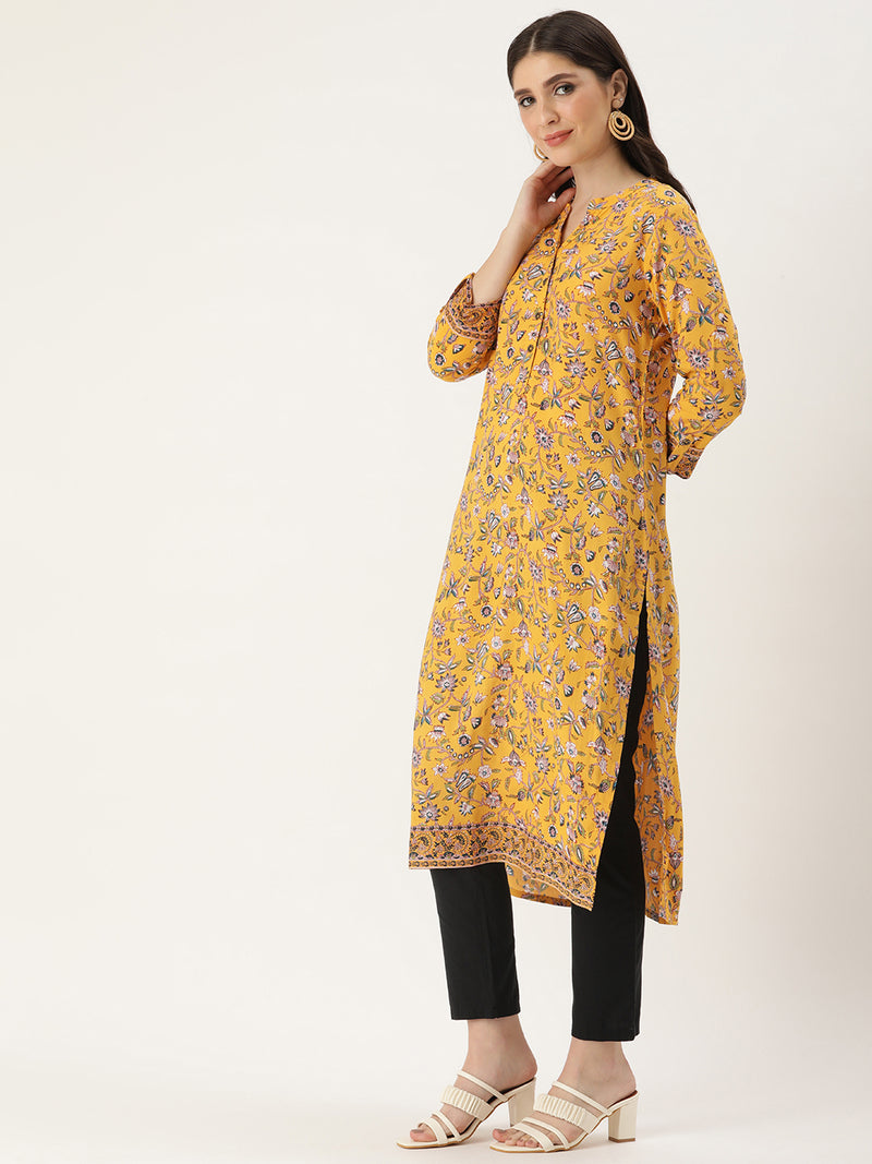 Yellow Floral Printed Straight Cut Kurta