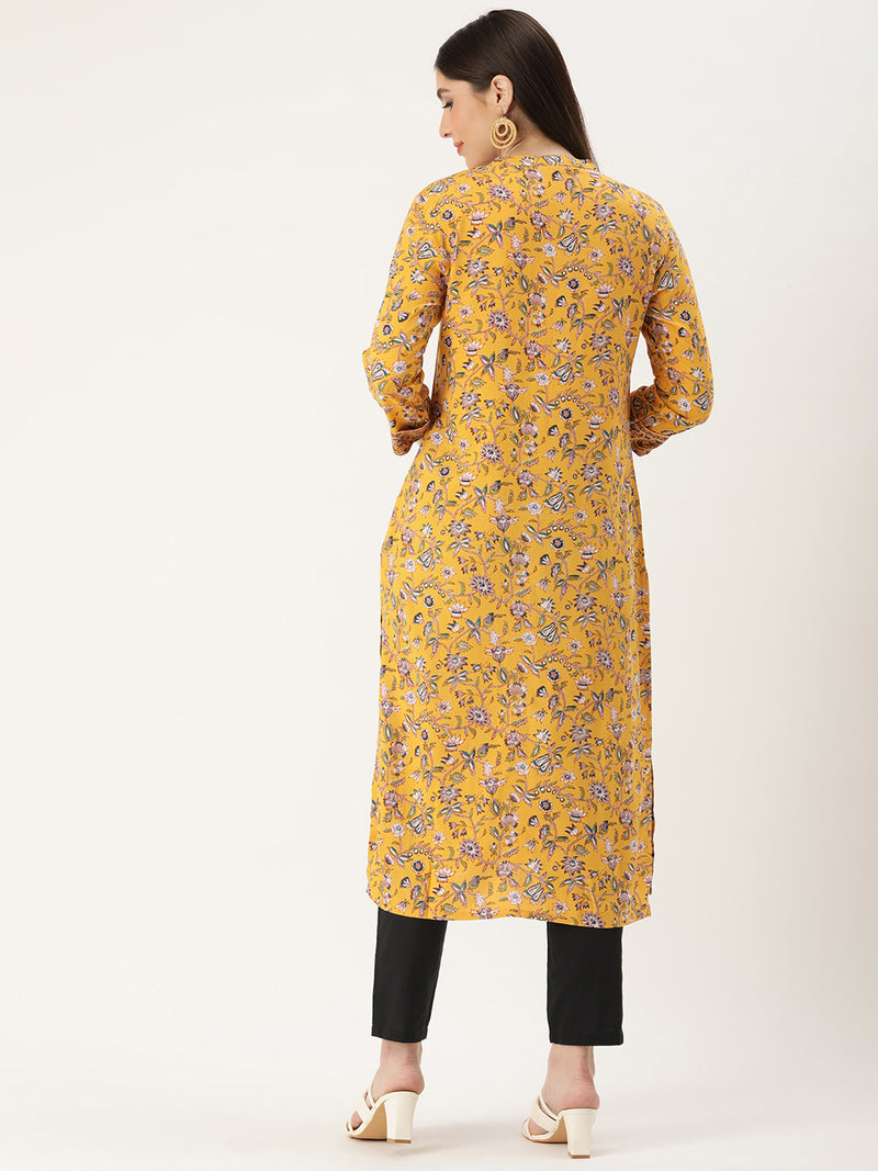 Yellow Floral Printed Straight Cut Kurta