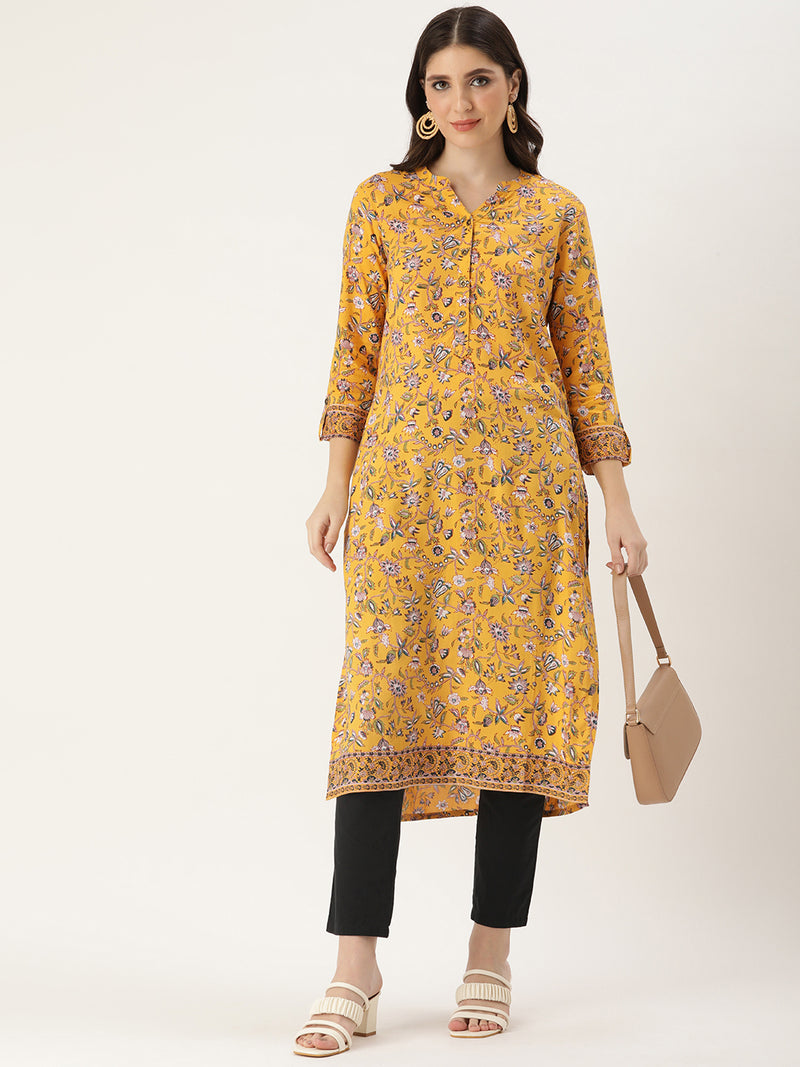 Yellow Floral Printed Straight Cut Kurta