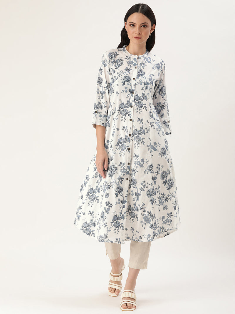 White Jal Floral Printed Kurta