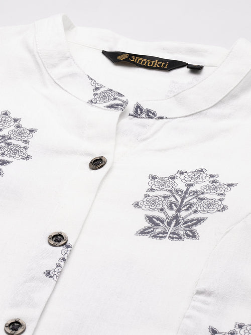 White & Grey Ethnic Motifs Printed Kurta