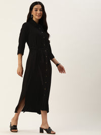 Black Solid Belted Midi Dress