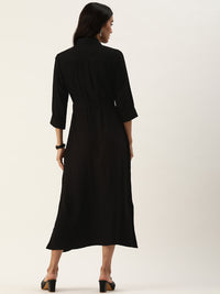 Black Solid Belted Midi Dress