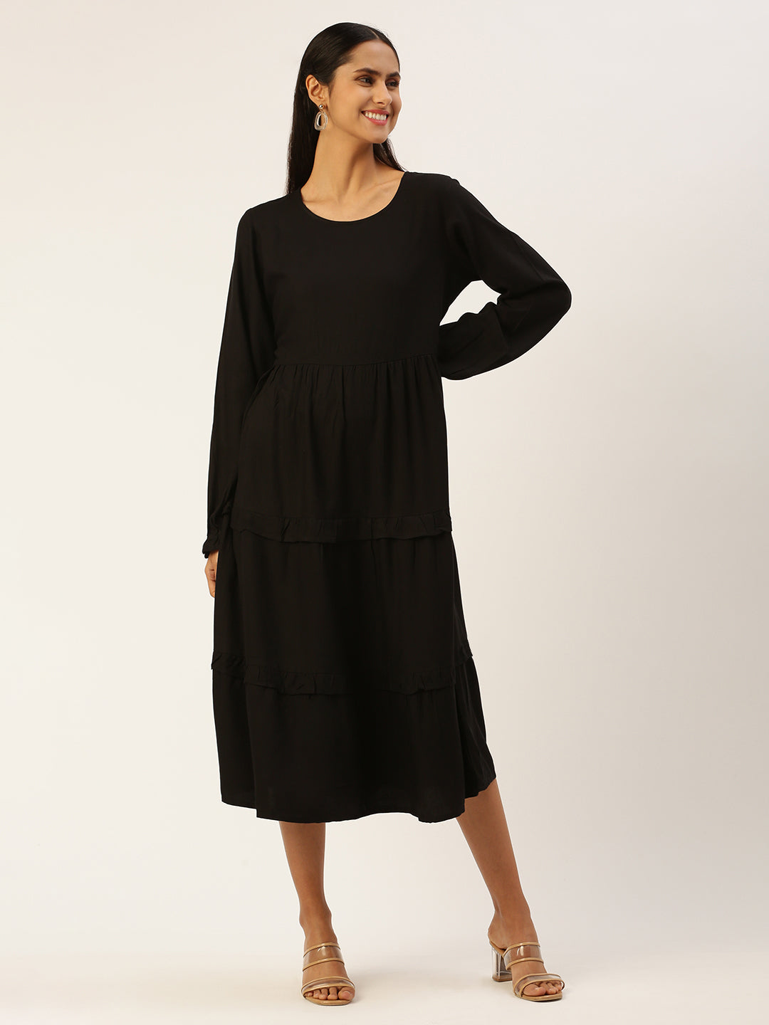 Black Solid Ruffles Puff Sleeve A-Line Midi Dress