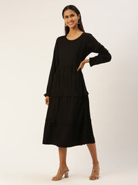 Black Solid Ruffles Puff Sleeve A-Line Midi Dress