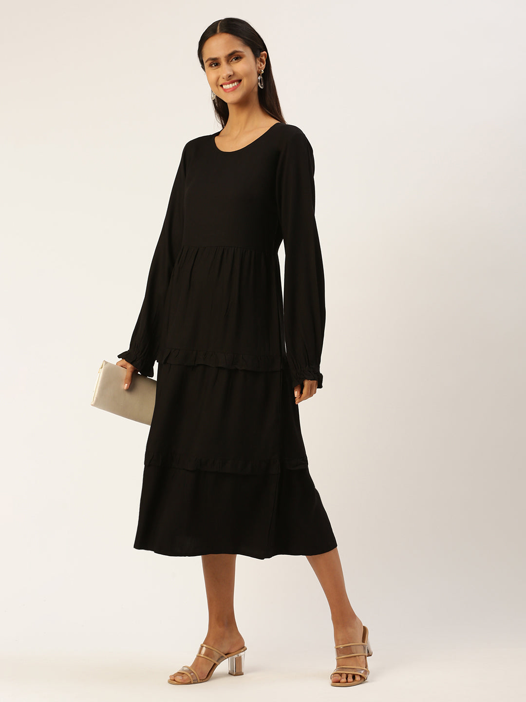 Black Solid Ruffles Puff Sleeve A-Line Midi Dress