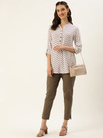 White & Pink Mandarin Collar Floral Print Tunic