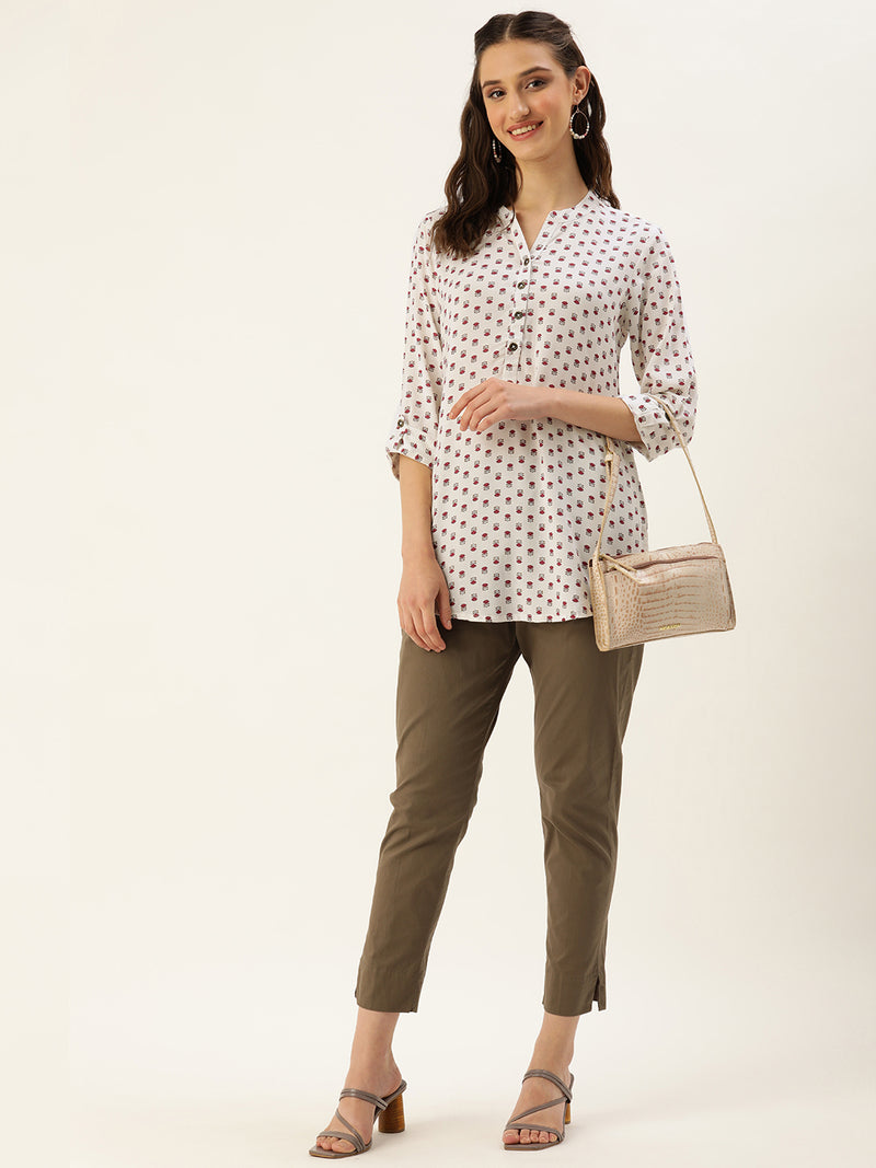 White & Pink Mandarin Collar Floral Print Tunic