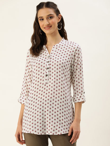 White & Pink Mandarin Collar Floral Print Tunic