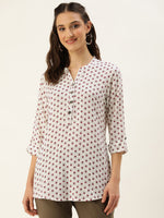 White & Pink Mandarin Collar Floral Print Tunic