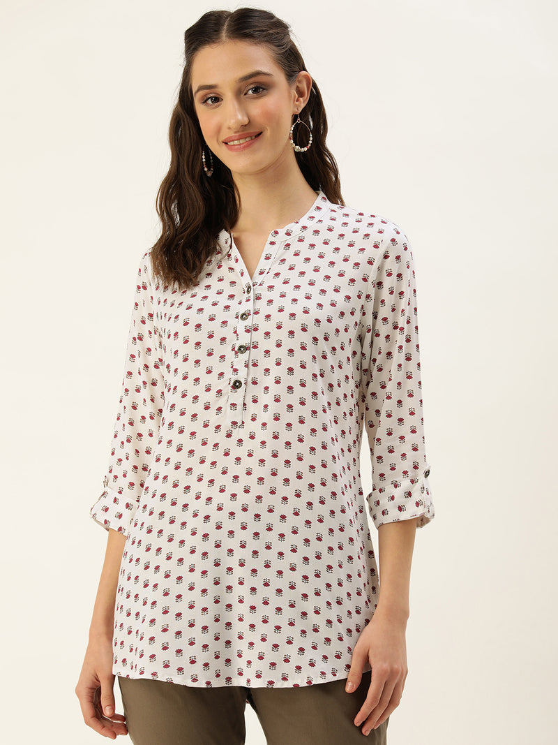 White & Pink Mandarin Collar Floral Print Tunic