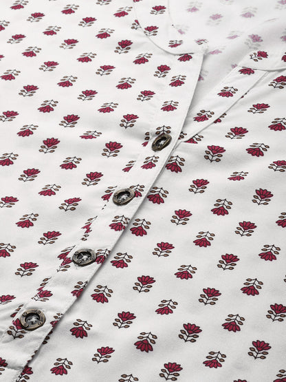 White & Pink Mandarin Collar Floral Print Tunic