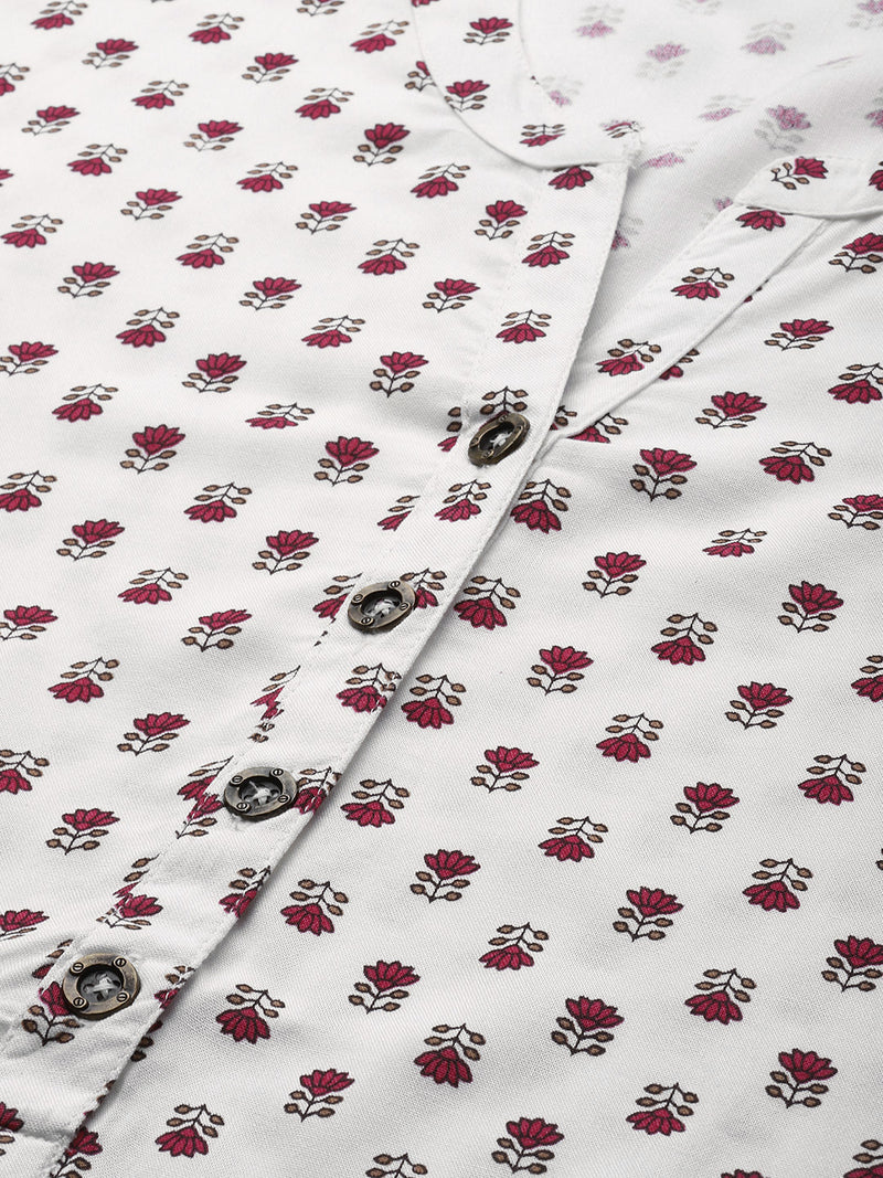 White & Pink Mandarin Collar Floral Print Tunic
