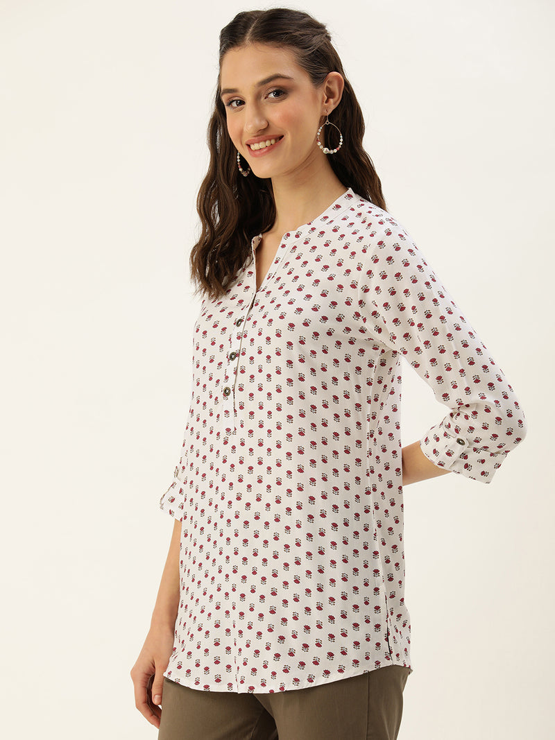 White & Pink Mandarin Collar Floral Print Tunic