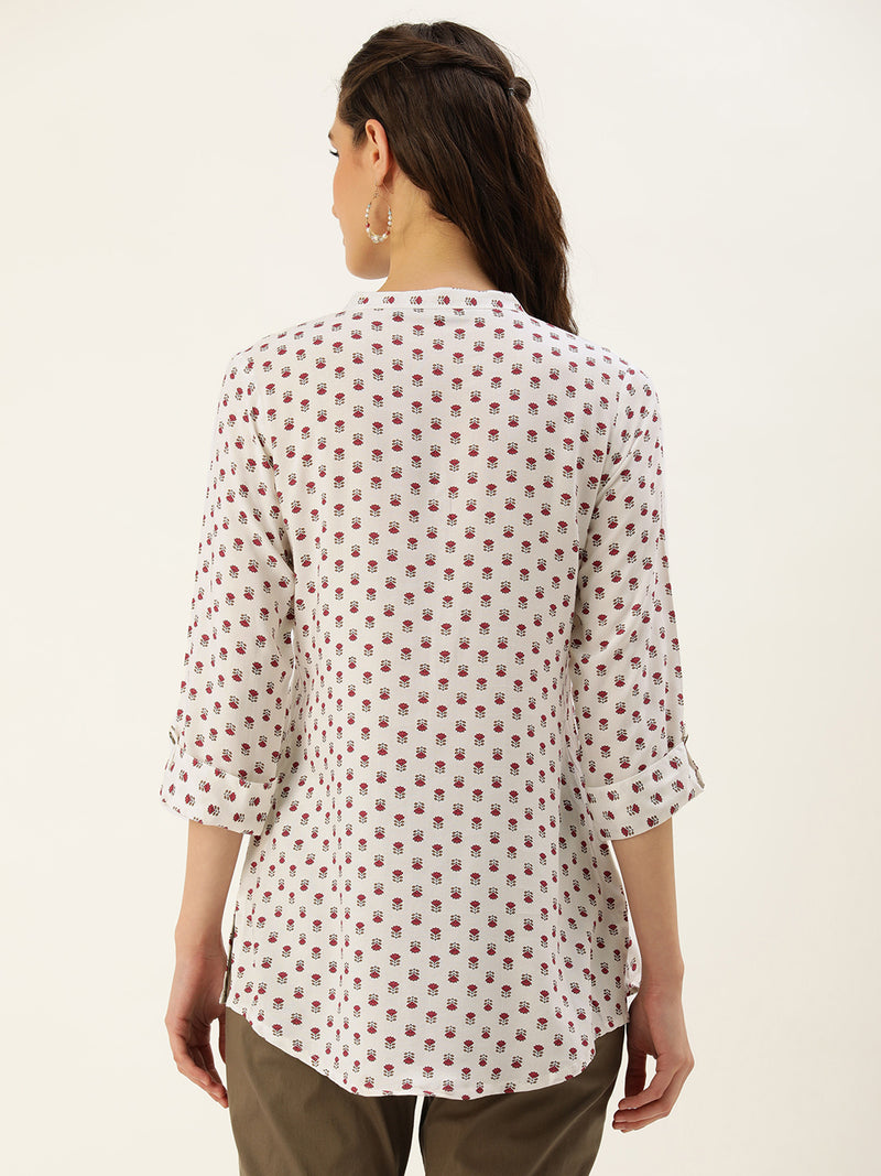 White & Pink Mandarin Collar Floral Print Tunic