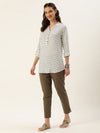White & Blue Mandarin Collar Floral Print Tunic