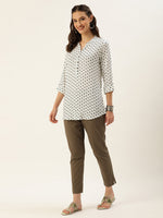 White & Blue Mandarin Collar Floral Print Tunic