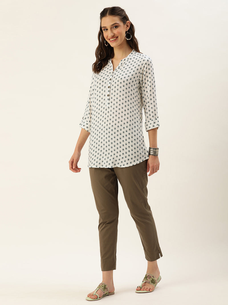 White & Blue Mandarin Collar Floral Print Tunic