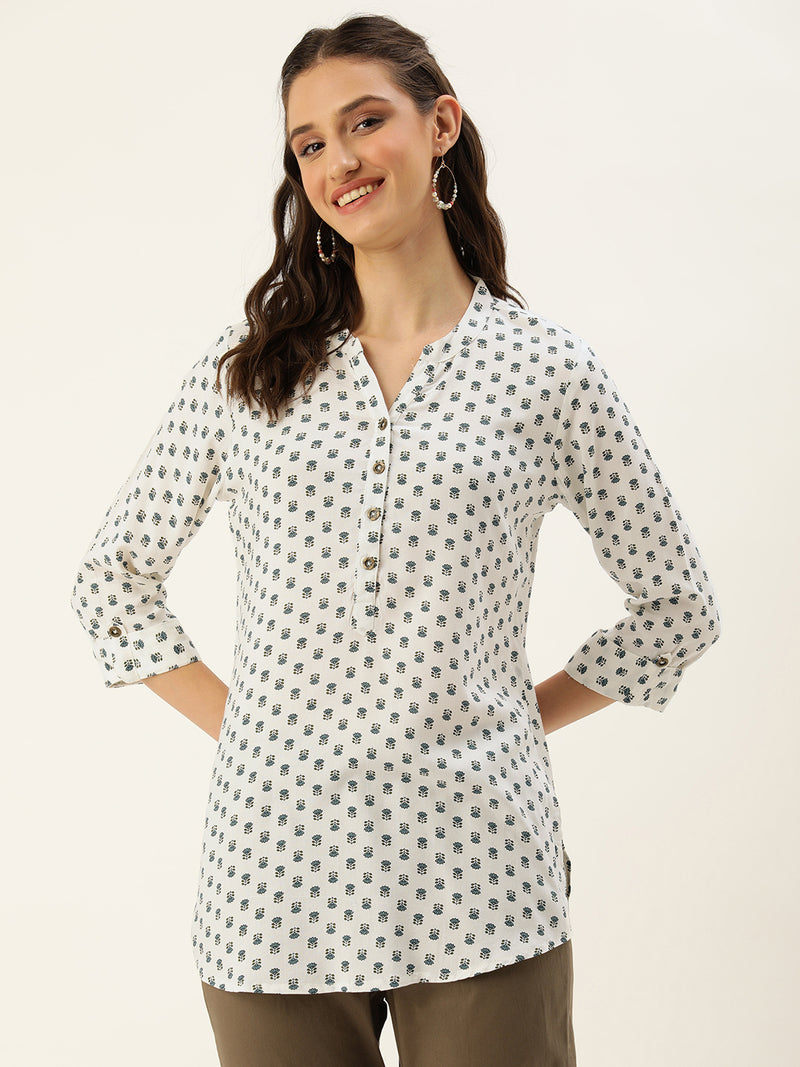 White & Blue Mandarin Collar Floral Print Tunic