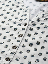 White & Blue Mandarin Collar Floral Print Tunic