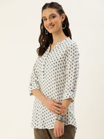 White & Blue Mandarin Collar Floral Print Tunic