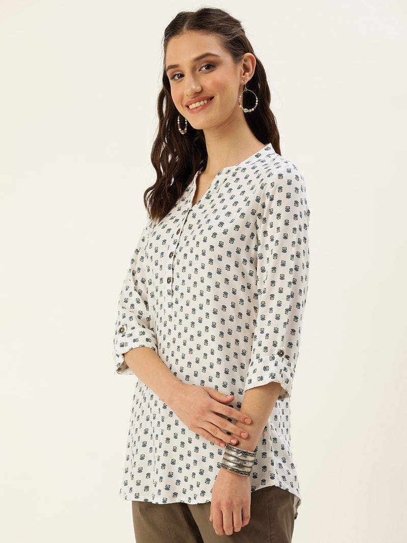 White & Blue Mandarin Collar Floral Print Tunic